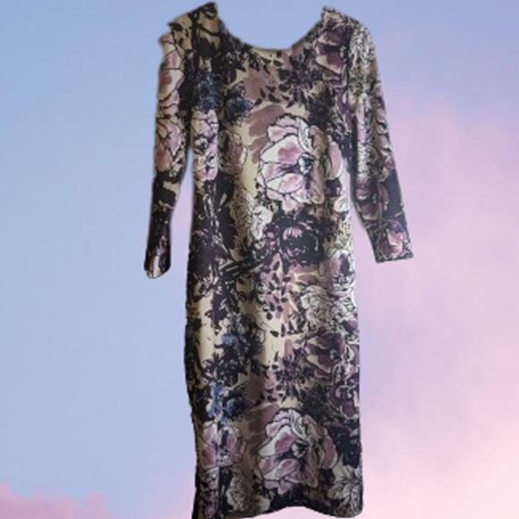 ECI New York 10 pink, black, tan floral, long sleeve stretch dress. Work, party. - Picture 1 of 1